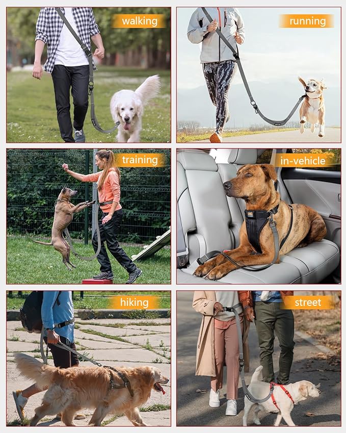 Hands Free Dog Leash, Crossbody Dog Leash, 5.3-7.9Ft Waist Belt with Car Seatbelt and Double-Sided Reflective,Walking, Jogging,Hiking, Travel etc.(Grey)