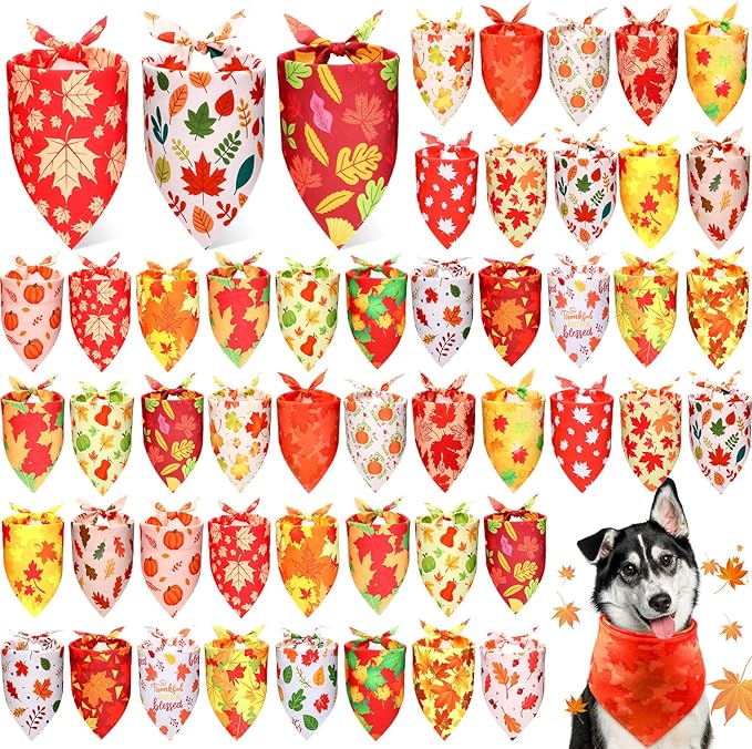 Preboun 50 Pcs Fall Thanksgiving Dog Bandana Bulk Pumpkin Maple Leaves Bandana for Dogs Triangle Kerchief Bib Scarf for Pets Costume Photo Props Accessories Pet Shops, 25 Styles (31.5 x 21.7 x 21.7)