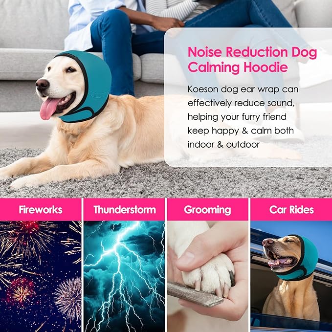 KOESON Dog Calming Hoodie - No Shake Ear Wraps for Dogs, Anxiety Relief & Noise Protection, Water Resistant Pet Ear Cover Muffs for Firework, Grooming, Thunderstorms, Swimming, Bathing, Turquoise L