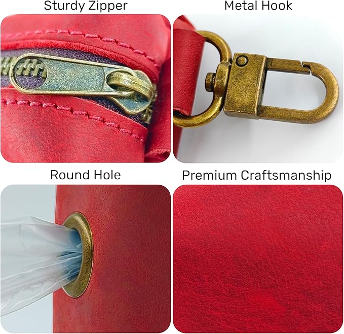 HIFA Genuine Leather Dog Waste Holder - Soft Touch Rustic Leather, Metal Clips and Easy Access to Pet Waste Bags - Dog Poop Bag Dispenser for Outdoor Walking