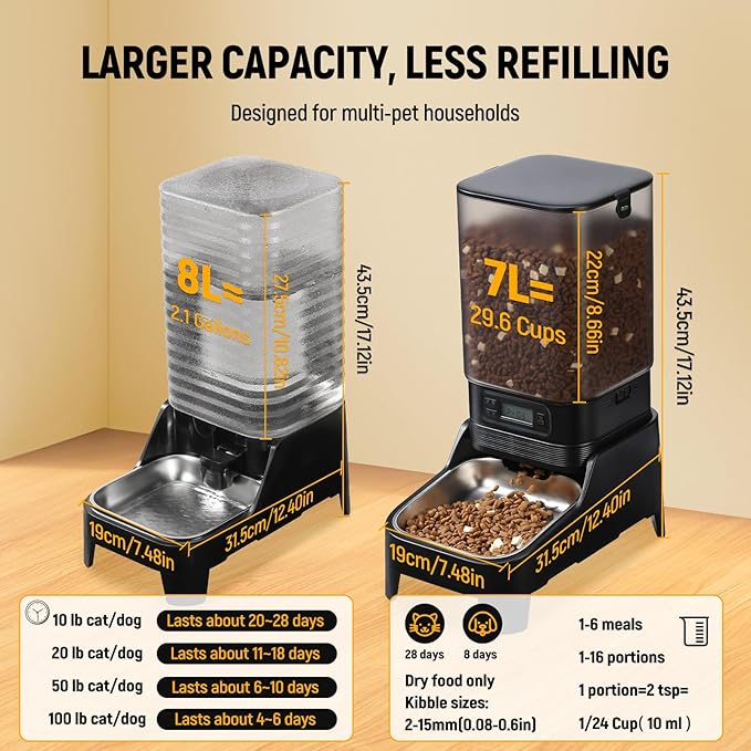 Marchul 7L Automatic Dog Feeder Large Breed and 8L Automatic Gravity Pet Water Dispenser with Patented Faucet, Stainless Steel Bowl, Adjustable Elevated Base, Battery Operated, Timed Cat Feeder