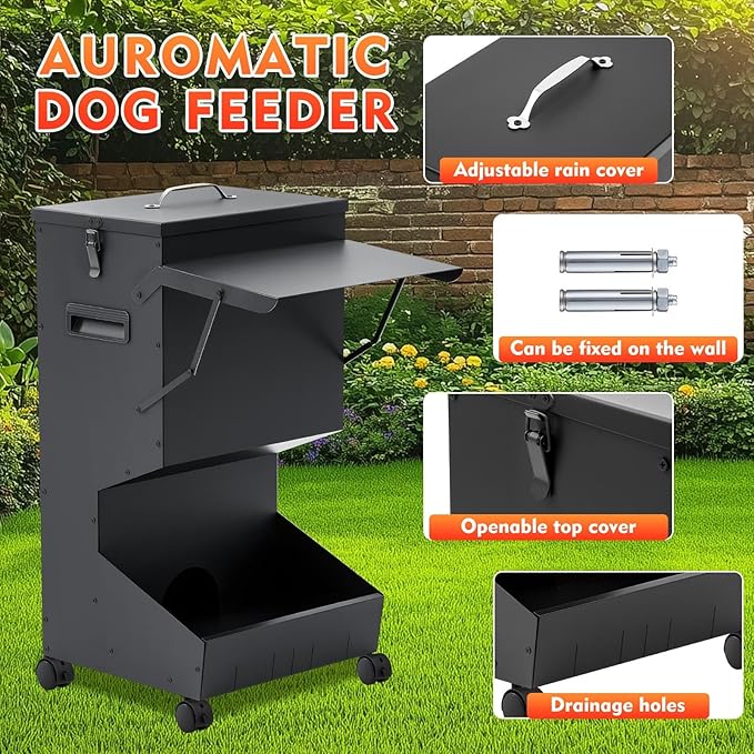 1 Pcs Automatic Large Dog Feeder with Lid and Wheels Outdoor 50 Lbs Self Feeding Pet Food Dispenser for Large Breed Dogs Pets