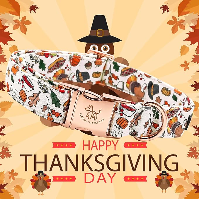 Elegant little tail Thanksgiving Dog Collar, Fall Turkey Print Pet Collar Durable Dog Collars Male or Female Holiday Pet Gift Adjustable Dog Collar for X-Small Dogs