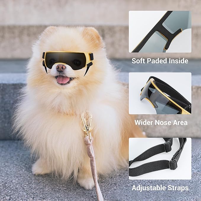 LESYPET Dog Sunglasses for Small Breed, UV Wind Dust Protection Dog Goggles for Pet Outdoor Driving Riding, Pet Glasses Eye Wear with Adjustable Strap, Gold