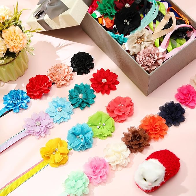 Reginary 100 Pcs Valentine's Day Dog Collar Flowers Bulk Flowers Pet Bows Floral Cat Accessory Adjustable Nylon Multicolor Pet Bowties Floral Collar for Small Pets(Classic Color)