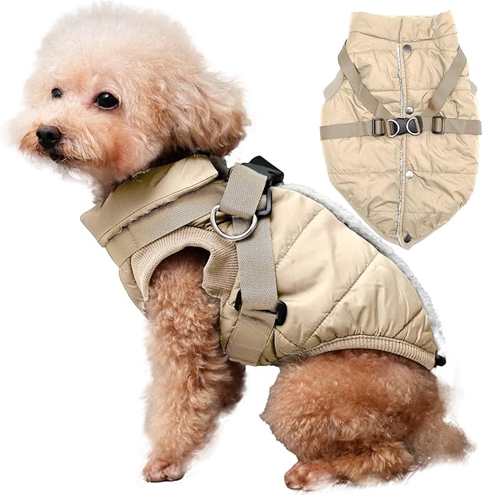 Dog Jacket with Harness,Fleece Lined Warm Puppy Coat for Winter,Soft Windproof Medium Dog Vest,Khaki XL