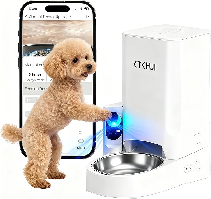 Automatic Dog Feeder with Camera, 1080P HD Video with Night Vision, Scheduled Automatic Pet Feeder, Separated Design Wide Grain Path with 2-Way Audio ＆ Feeding Call Function for Small Dog & Cat