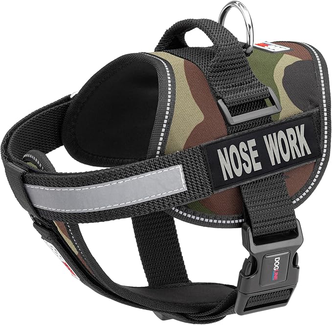 Dogline Unimax Dog Harness Vest with Nose Work Patches Adjustable Straps Breathable Neoprene for Identification Training Dogs Girth 18 to 25 in Green Camo