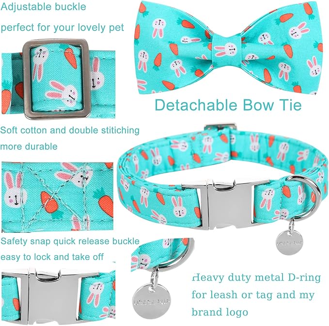 Easter Dog Collar with Bow Tie, Cotton Easter Bowtie Collar for Puppy Girl Boy Dog or Cat, Cute Carrot Pet Collar with Metal Buckle, Easter Gift Rabbit Dog Collar, XS