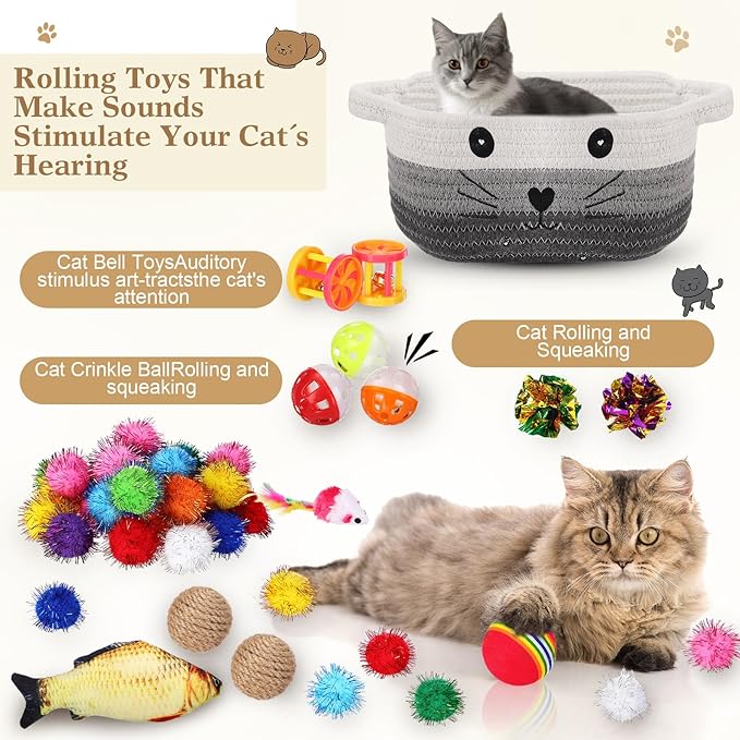 Zopeal 58 Pcs Cat Storage Basket Gift Toys Set, Colorful Flashing Balls Pet Bell Crinkle Balls Spring Toys Attract Cat to Swat, Hunt, Interactive for Pet(Multicolor,12 Inch)