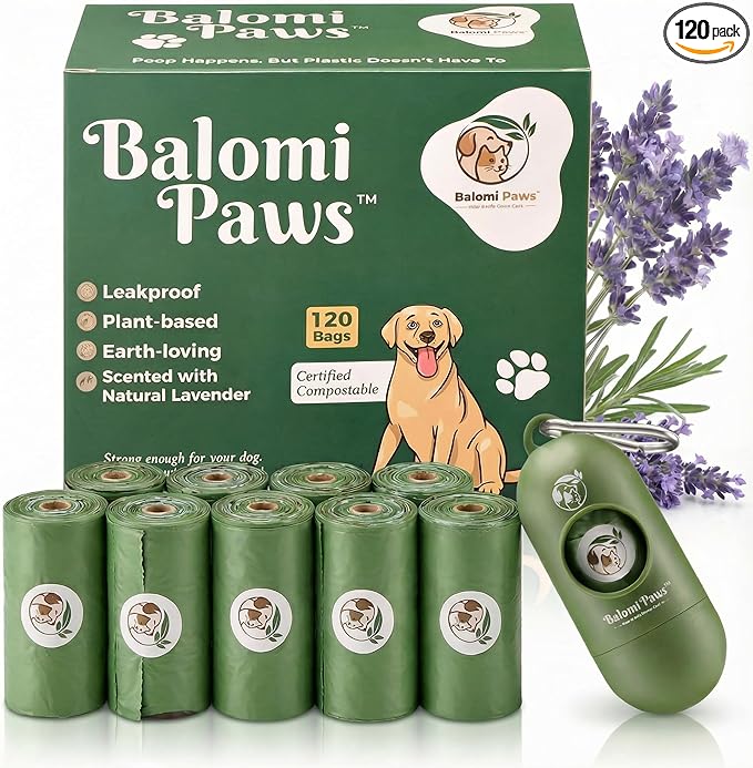 Compostable Dog Poop Bags 120 Count with Dispenser – Extra Thick Lavender Scented Pet Waste Bags, Leak Proof, Eco Friendly, Plastic Free Core, Biodegradable Dog Poop Bag Refills by Balomi Paws