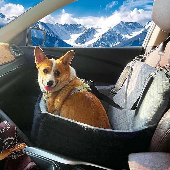 Car Dog Seat,Pet Booster Carseats for Dogs up to 25lbs,Safe and Comfy Puppy Travel Car Bed with Storage Pockets and 2 Safety Belt,Ultra Soft Fabric, Easy to Install,Fully Removable Washable.
