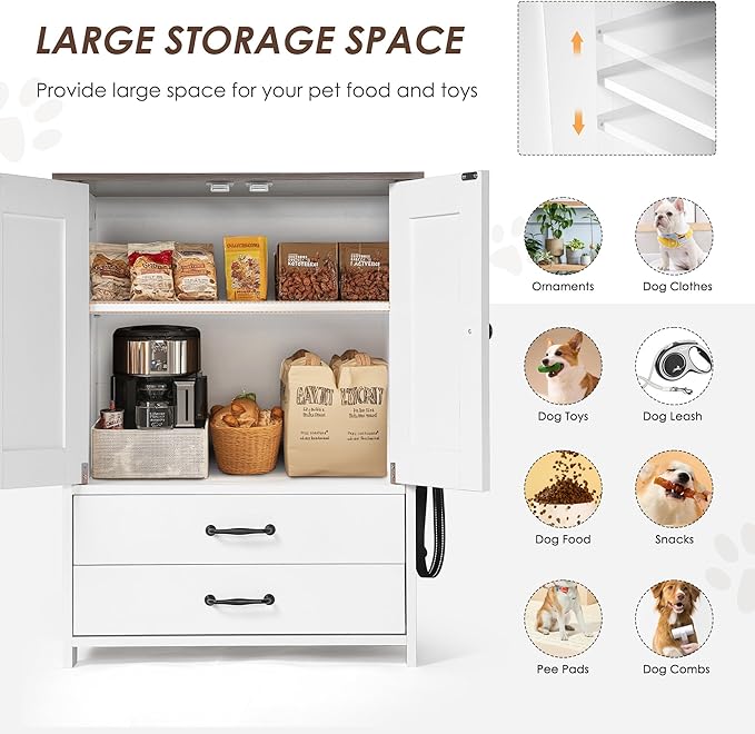 Dog Feeding Station,Double Door Locker with 2 Adjustable Bowls,Pet Food Storage Pet Feeder Cabinet Container with Dog Raised Bowls and Hanger for Feeding & Watering Supplies (White)