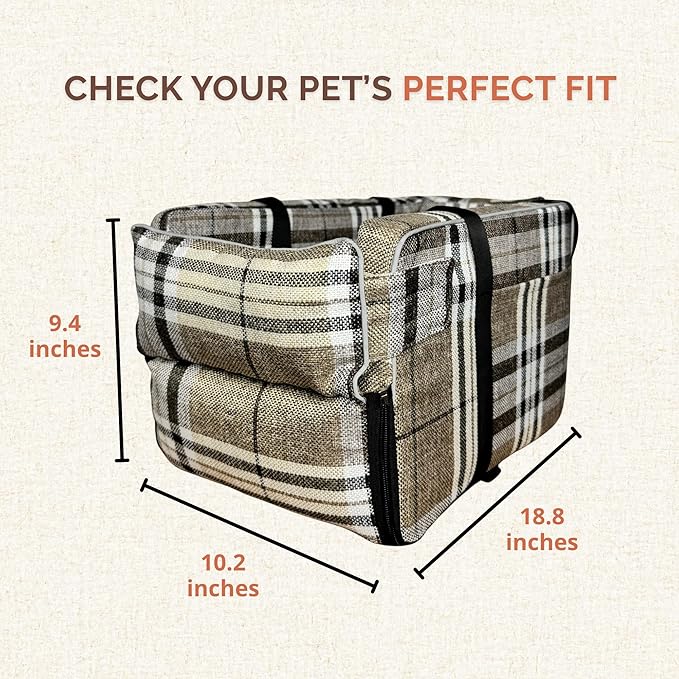 Kumdita' Center Console Car Seat & Carrier for Small Dogs & Cats with Dual Over-Seat Straps, Sewn-in Safety Leash & PE Board Base (Chequed)