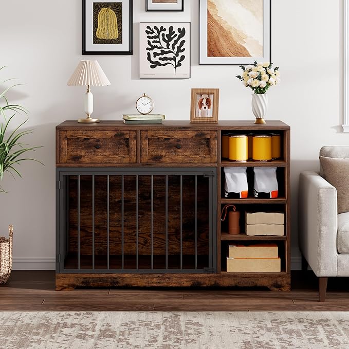 Dog Crate Furniture 47", Large Dog Crate TV Stand with 2 Drawers and 4 Shelves, Wooden Dog Kennel Indoor, Decorative Dog Cage with Storage for Large Dogs, Brown