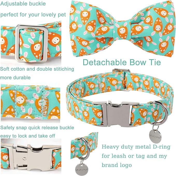 Easter Dog Collar with Bow Tie, Lovely Cotton Easter Carrot Adjustable Bowtie Collar for Girl Boy Dog, Adorable Carrots Puppy Collars with Metal Buckle,S, Neck 10-16in