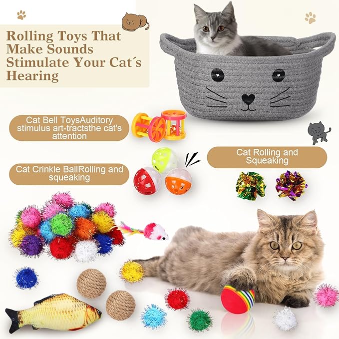 Zopeal 58 Pcs Cat Storage Basket Gift Toys Set, Colorful Flashing Balls Pet Bell Crinkle Balls Spring Toys Attract Cat to Swat, Hunt, Interactive for Pet(Grey,9.8 Inch)