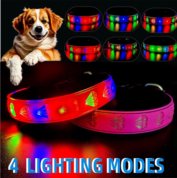 LED Dog Collar with Diamond Pattern, 15 Light Modes, with Bonus Pet ID Tag and Bell (Pink Pro, M(11.8-15.7"))