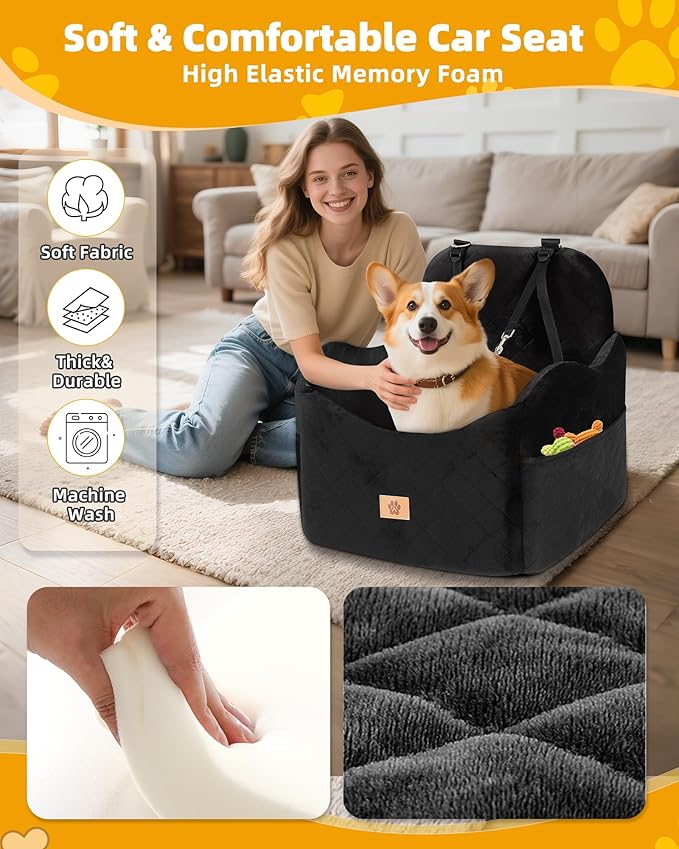 Car Seat Booster for Dog: High-Support Memory Foam Pet Car Seat for Small/Medium Dogs Under 35lbs with Elevated Cushion - Detachable Washable Puppy Travel Bed for Driving with Pockets