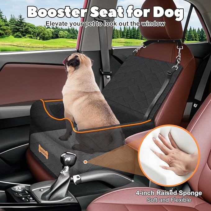 Small Dog Car Seat, Waterproof Dog Booster Seat with Thick Cushion & Safety Leash, Removable Car Back Seat Bed for 1 Small Dogs Under 25lbs, Pet Car Seat for Travel, Black