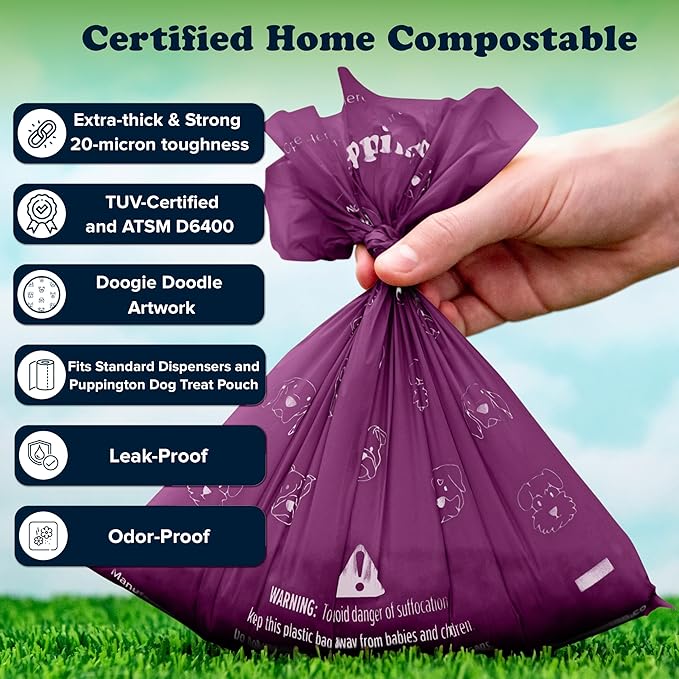 Puppington Certified Home Compostable Poop Bags - ASTM D6400 Compliant - 90 Extra Thick Bags - Plant Based - Pairs with Puppington 3-in-1 Bag & Fits all Standard Poop Bag Dispensers (Plum Wine)