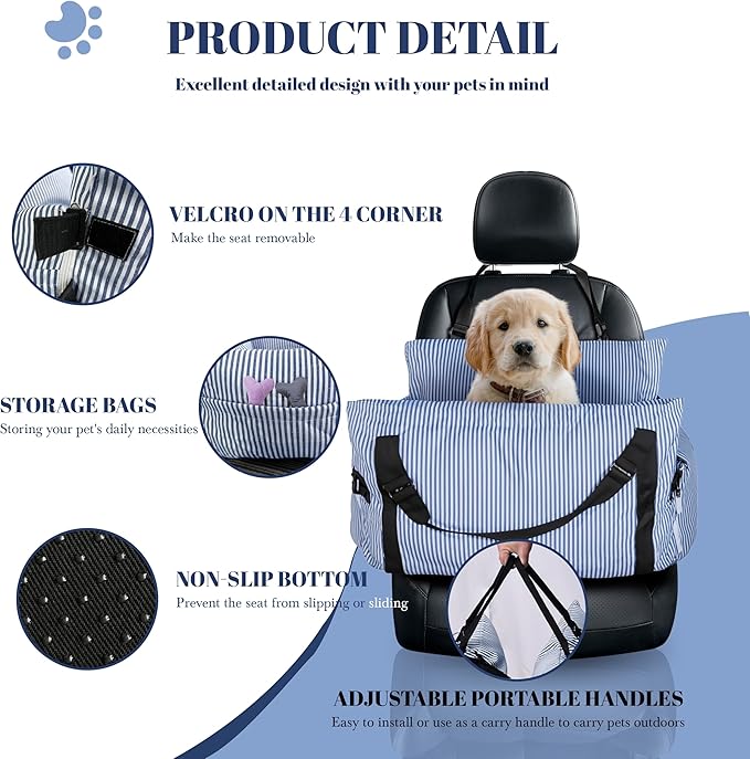 Daneey Dog Car Seat for Medium Dogs, Dog Booster Seat for Car, Fully Detachable Washable Dog Car Bed for Car Travel, Non-slip Safety Pet Car Seat with Seat Belt, Blue