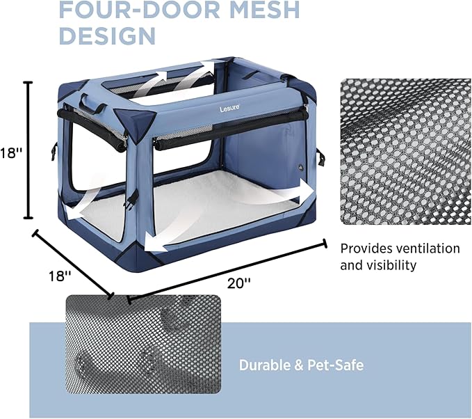 Lesure Collapsible Dog Crate - Portable Travel Kennel for Extra Small Dog, 4-Door Pet Crate with Mesh Windows, Indoor & Outdoor, Blue
