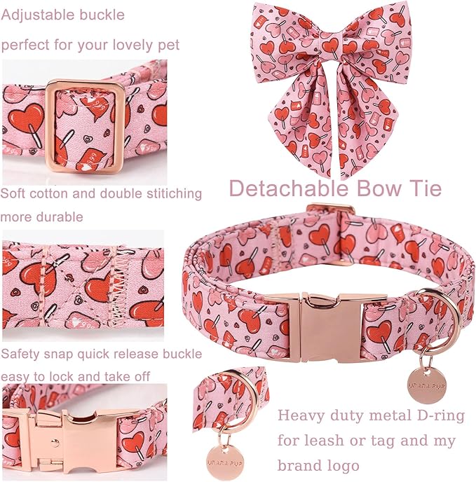 Valentine’s Day Dog Collar with Bow Tie, Pink Heart Bowtie Collar with Metal Buckle, Valentine’s Day Gift Pet Collar for Puppy Girl Boy Dog or Cat, Wedding Dog Collar, S, Neck 10-16in