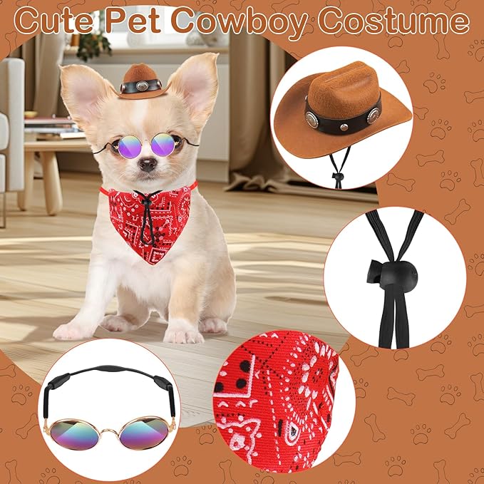 Pet Cowboy Costume with Dog Cowboy Hat Cat Bandana Scarf Sunglasses Western Cosplay Halloween Costumes for Small Dogs Cats Accessories