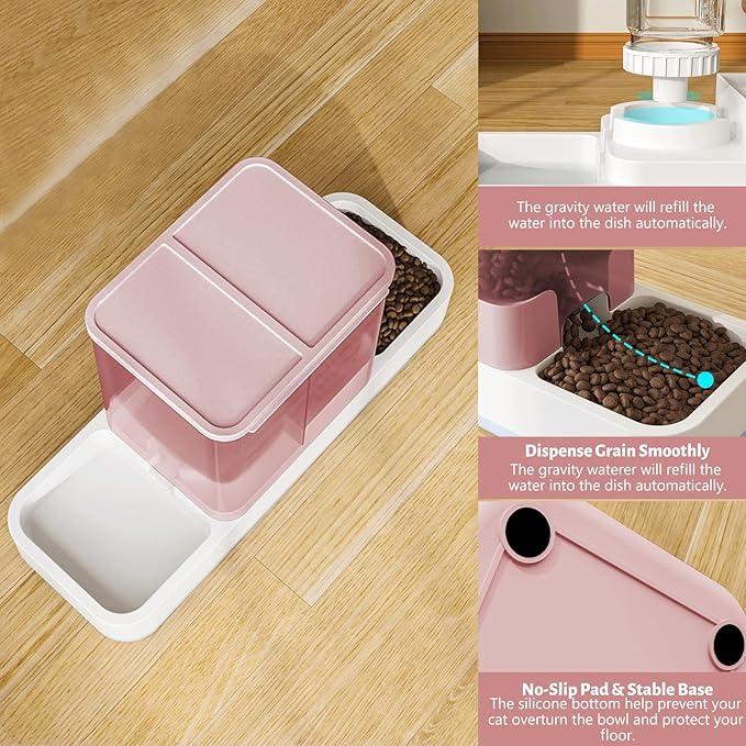 Yummy Sam Automatic Small Pet Feeder and Water Dispenser, 2 in 1 Gravity Cat Auto Pet Feeder and Waterer Set Feeder Dish for Small Medium Pets Dog Puppy Kitten (Pink)