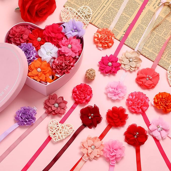 Reginary 100 Pcs Valentine's Day Dog Collar Flowers Bulk Flowers Pet Bows Floral Cat Accessory Adjustable Nylon Multicolor Pet Bowties Floral Collar for Small Pets(Romantic Color)