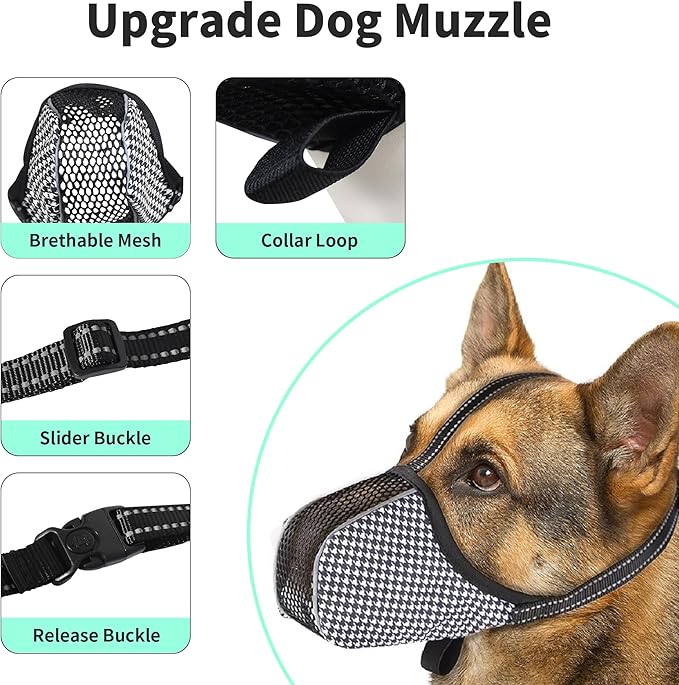 Dog Muzzle Anti & Prevent Biting Chewing Barking for Small Medium Large Dogs Soft Air Mesh Muzzles Reflective Ajustable Full Coverage Dog Mouth Guard Cover for Grooming Scavenging Black L-1