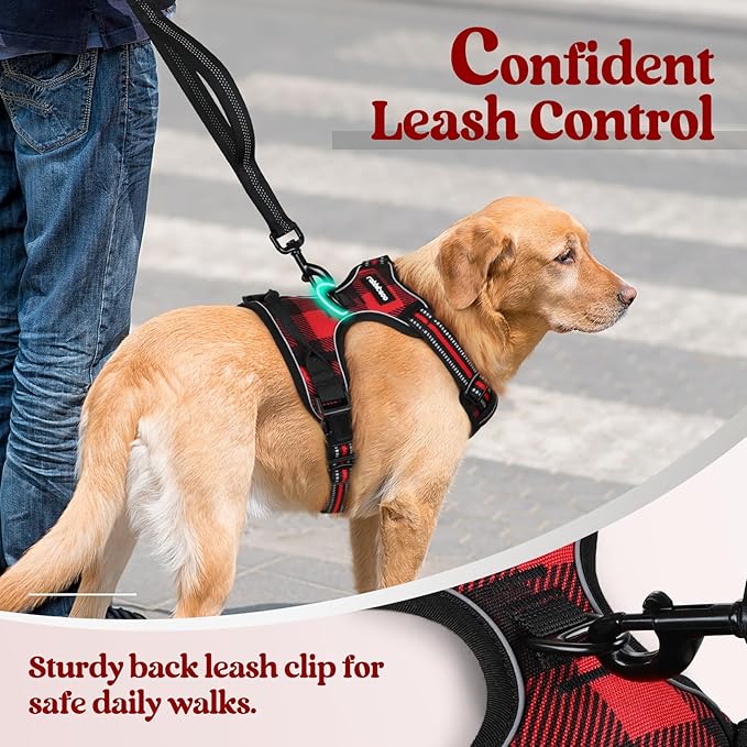 rabbitgoo Dog Harness No Pull with 2 Leash Clips, Adjustable Soft Padded, Reflective Oxford No Choke Pet Vest with Easy Control Handle for Large Dogs, Red Plaid, XL