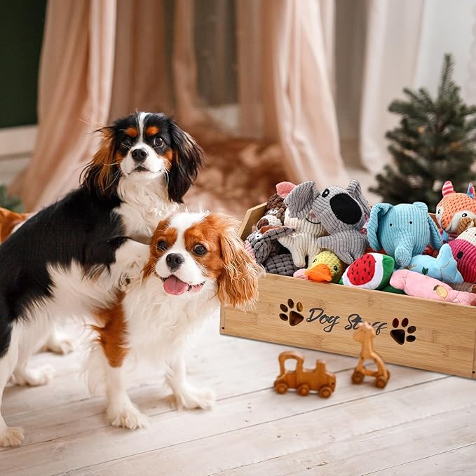 Leinuosen Large Dog Toy Bin Basket, 20 Inch Large Stuff Toy Storage Basket Bin with Bone Handle Cutout Pattern Bamboo Container for Organizing and Storage Dog Leash Chew Toys(Natural, Undivided)