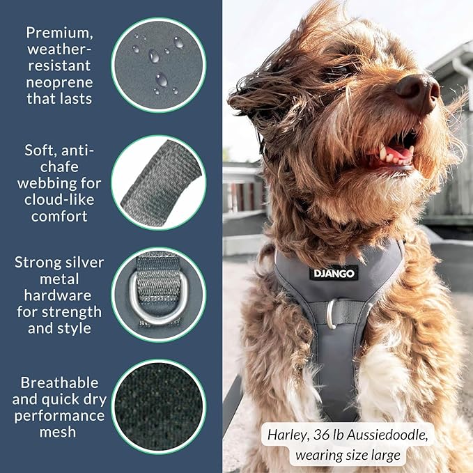 DJANGO Tahoe No Pull Dog Harness – Escape-Proof Dog Harness for Small & Medium with Front & Back Clips for Everyday Use – Adjustable, Padded, Reflective, Secure Fit, Easy On/Off – Poppy Gray, Medium