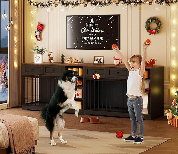 Dog Crate Furniture 47", Large Dog Crate TV Stand with 2 Drawers and 4 Shelves, Wooden Dog Kennel Indoor, Decorative Dog Cage with Storage for Large Dogs, Black