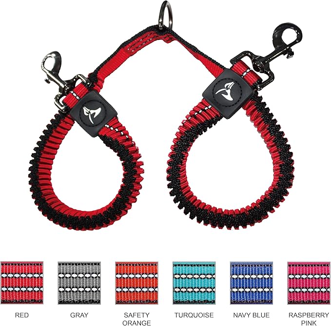 Kruz Double Dog Leash for Two Dogs (Width - 1”, Length 20”-42”) Dual Leash Coupler with Tangle-Free Swivel, Shock-Absorbing Reflective Bungee for Comfortable Walking & Training (Orange, Large)