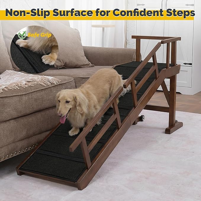 Dog Ramp for Bed or Couch, Wooden Pet Ramp with 20° Gentle Slope, Removable Side Rails, Non-Slip Surface, Top Platform & Wheels, Safe Bed Ramp for Small, Medium & Senior Dogs, 60" Long, Walnut