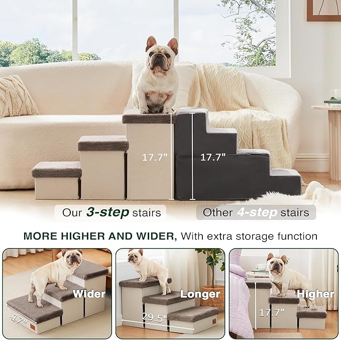 Love's cabin Dog Stairs for High Bed 18" H,3 Steps with Furry Lids Pet Stairs for Small Medium Large Dogs,Foldable Cat Ramp with Zip up to 200 lbs,Brown
