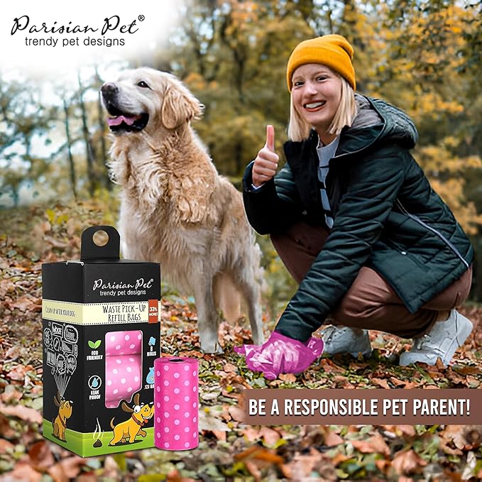 Parisian Pet Ecofriendly Dog Poop Bags Rolls - 160 Count Unscented Poop Bags For Dogs - Leakproof, Extra Thick, 8 Dog Waste Bags Refill Rolls - Polka Dot Pink Doggie Poop Bags - Fits All Dispenser