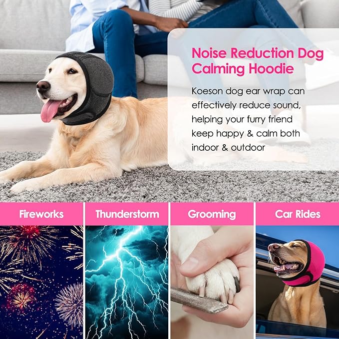 KOESON Dog Calming Hoodie - No Shake Ear Wraps for Dogs, Anxiety Relief & Noise Protection, Water Resistant Pet Ear Cover Muffs for Firework, Grooming, Thunderstorms, Swimming, Bathing, Hot Pink L