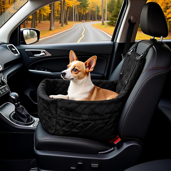 Dog Car Seats for Small Dogs, Memory Foam Dog Car Seat Medium Sized Dogs, Pet Cars Seats for Under 35lbs, Detachable Washable Pet Bag with Storage Pockets & 2 Safety Belts, Easy to Install (Black)