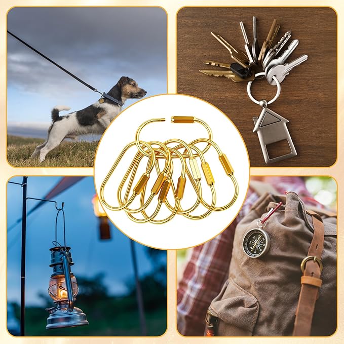 Brass Keychain Carabiner Clips - 8 PCS Gold Screw Lock Key Rings, Loose Leaf Binder Rings, Gold Carabiner Clip with Secure Locking Screw Brass Key Ring for Keys, Bags, Pet Collars & Luggage Tags