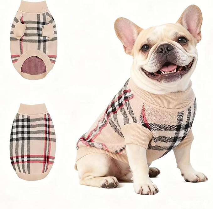 Small/Medium Dog Sweater, Warm Dog Winter Coat w/Sleeves, Comfortable High Neck & Leash Hole, Premium Dog Clothes for Bulldog-Best for Holidays, Daily Walks L Apricot