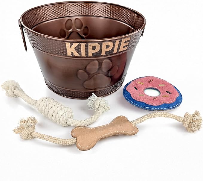 Personalized Metal Dog Toy Bin + 3 Toy Combo Set - Copper Galvanized Storage Bin with Handles, Basket for Pet Toys, Dog Toy Box, Pet Storage - Custom Dog Name Gift (Small - Copper)