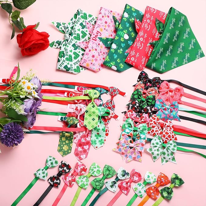 Reginary 200 Pcs Valentine's Day Dog Bandanas Bulk Dog Bows Ties St. Patrick's Day Pet Collars Set Clover Lucky Pattern Grooming Bowties and Neckties Collar for Small Middle Pets Puppies