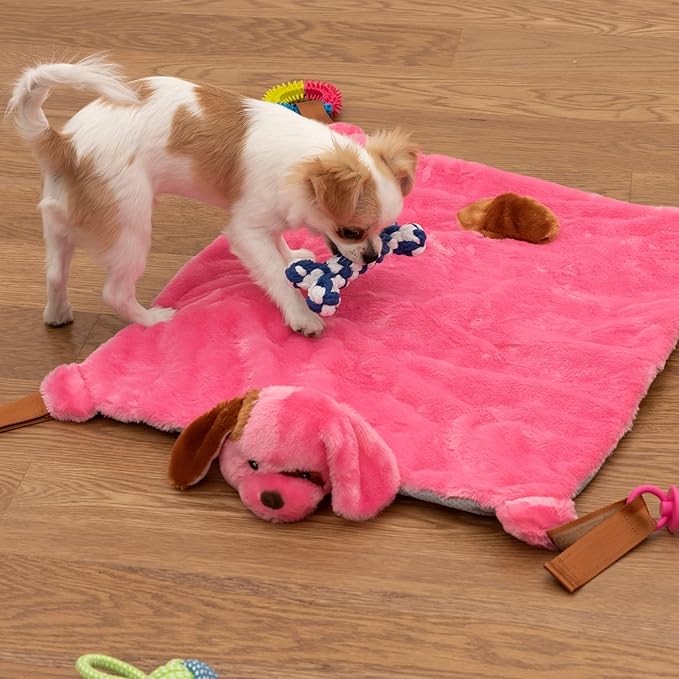 Puppy Play Mat - Pink for Small Breeds, 23'x20' Dog Mat with Detachable Teething Toys and Ropes