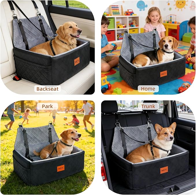 MCY Dog Car Seat for Large Medium Dogs, Dog Booster Seat with Thick Cushion, Portable Washable Pet Under 55 lbs, 2 Safety Leashes Travel Car Bed, Suitable for Home and Outdoor, Black/Grey