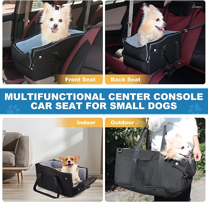 Center Console Dog Car Seat for Small Dogs Up to 12lbs, Portable Middle Console Dog Booster Car Seat with Adjustable Straps & Storage Pocket (Black)