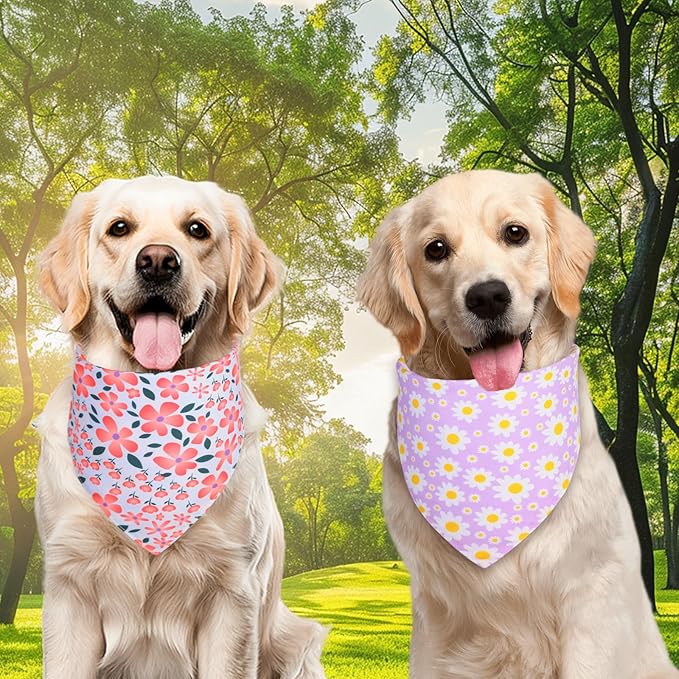 Summer Dog Bandanas Girl Large 2PCS, Purple Pink Daisy Scarf, Durable Triangle Reversible Spring Bibs Handkerchief for Puppy Pet